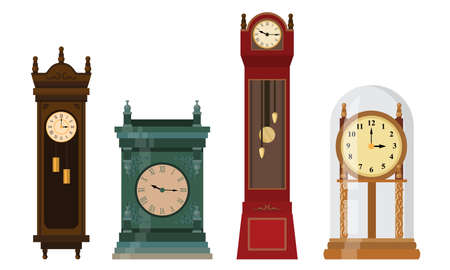 Set of isolated hand drawn different styles of clocks for interior decoration over white background vector illustration. Home decoration objects illustrations conceptのイラスト素材