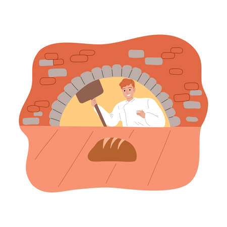 Young man baker baking bread in oven vector illustrationのイラスト素材