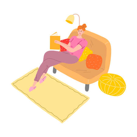 Young woman sitting on sofa and reading book in evening vector illustrationのイラスト素材