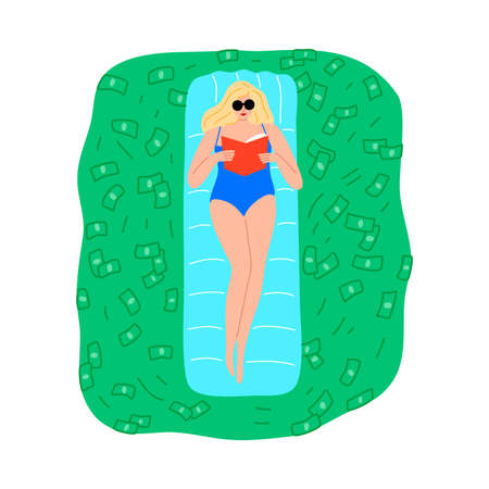 Woman lying on water mattress in pool full of money vector illustrationのイラスト素材