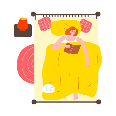Woman reading book in big bed at home before sleep vector illustrationのイラスト素材