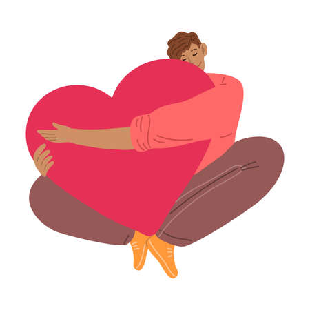 Young man sitting, embracing big red heart and expressing loveのイラスト素材