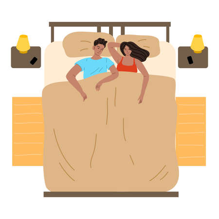 Hand drawn young couple sleeping in one bed at home over white background vector illustration, top view. Sleep and rest conceptのイラスト素材