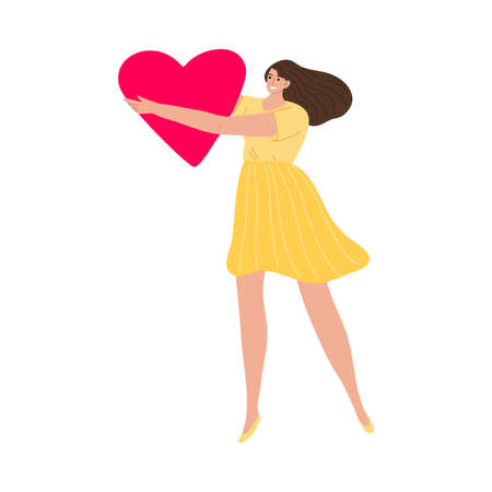 Set of hand drawn young girl in dress standing, holding big red heart in hands and expressing love over white background vector illustration. Love conceptのイラスト素材