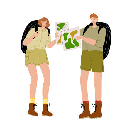 Hand drawn young travelers with backpacks standing and looking at map over white background vector illustration. Traveling with backpack and tourism conceptのイラスト素材