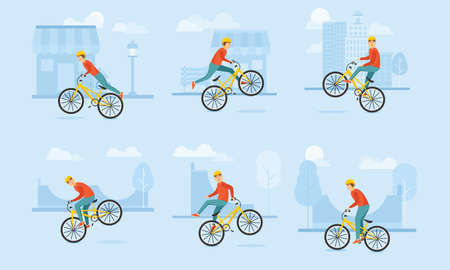 Collection set of a young boy in helmet rides a BMX bicycle and performs various complex tricks on the streets. Isolated vector icon illustration on blue city background in cartoon styleのイラスト素材