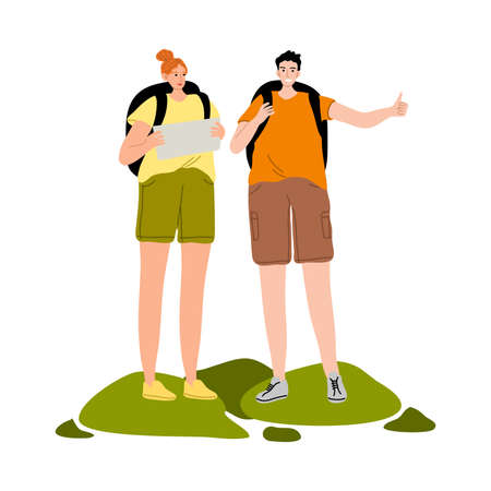 Hand drawn young travelers with backpacks standing, hitch-hiking and looking at map over white background vector illustration. Traveling with backpack and tourism conceptのイラスト素材