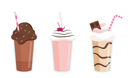 Collection set of three colorful milkshakes in glasses with tubes made with different ingredients. Isolated vector icon illustration on white background in cartoon styleのイラスト素材
