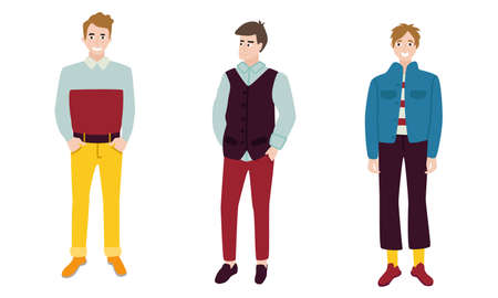 Collection set of three fashion young men in classic youth clothes. Men in colored beautiful clothes. Isolated vector icon illustration on white background in cartoon styleのイラスト素材