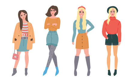 Collection set of different beautiful young women in fashionable sexy clothes. Female characters with accessories. Isolated vector icon illustration on white background in cartoon styleのイラスト素材