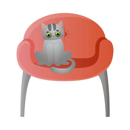 Cute domestic grey cat with green eyes sitting on the soft red chair. Sweet house pet resting in the house concept. Isolated vector illustration on white background in cartoon style.のイラスト素材