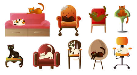 Set of various cute domestic cats resting in different poses on soft sofas and armchairs. Vector illustration in flat cartoon styleのイラスト素材