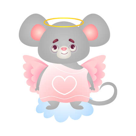 Cute happy smiling humanized grey angel mouse stands in a pink dress with wings and halo. Funny angel mice cartoon character concept. Isolated vector illustration on white background in cartoon styleのイラスト素材