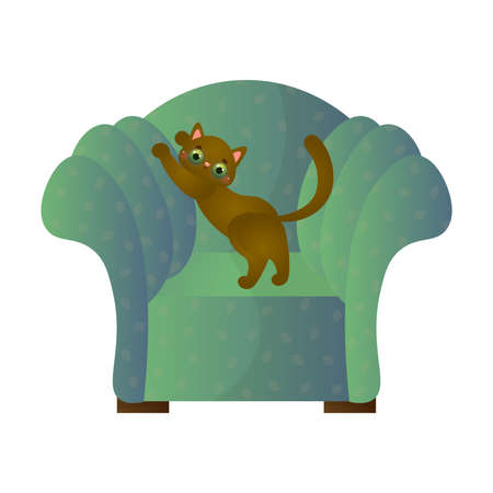 Cute domestic brown cat with green eyes tears claws on the soft green armchair. Sweet house pet resting in the house concept. Isolated vector illustration on white background in cartoon style.のイラスト素材