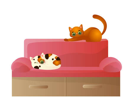 Red-headed and colorful cats lying on the soft red sofa. Cute domestic two pets resting in the house. Isolated vector illustration on white background in cartoon style.のイラスト素材