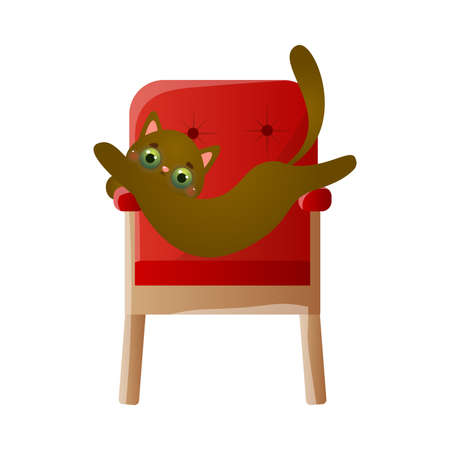 Cute domestic brown cat character hanging on the soft red chair. Vector illustration in flat cartoon styleのイラスト素材