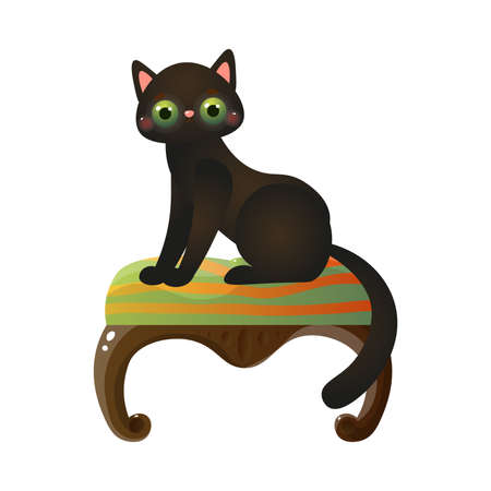 Cute domestic black cat with green eyes sitting on the law green footstool. Sweet house pet resting in the house concept. Isolated vector illustration on white background in cartoon style.のイラスト素材