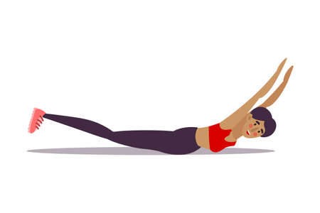 Cute young dark-haired trainer girl doing yoga exercise crocodile pose in a gym. Vector illustration in the flat cartoon styleのイラスト素材