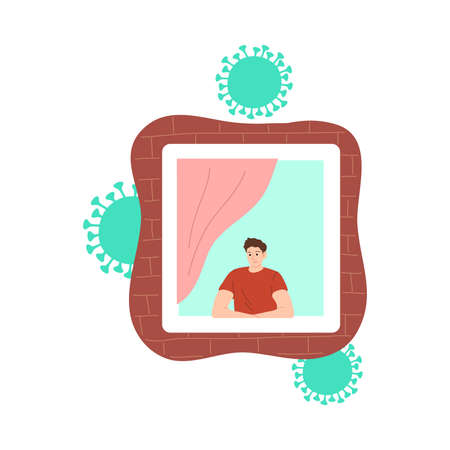Boy looking at window and staying at home for protection from coronavirus infectionのイラスト素材