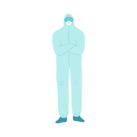 Doctor in special blue uniform and mask during work during pandemicのイラスト素材