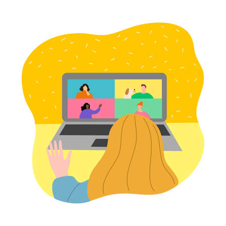 Woman meeting friends via internet during isolation for protectionのイラスト素材
