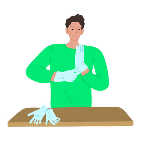 Young man wearing gloves for protecting from coronavirus infectionのイラスト素材