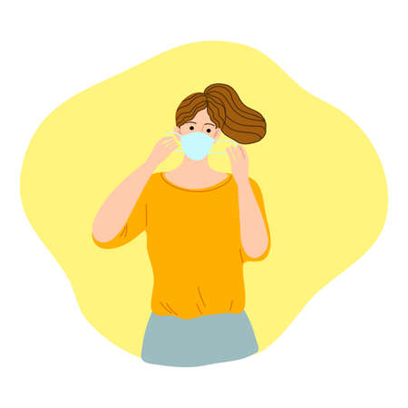 Woman putting mask on face for protecting from coronavirus infectionのイラスト素材
