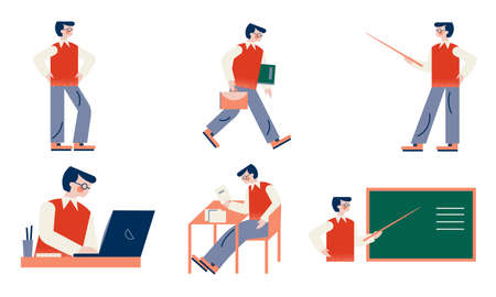 Set of isolated hand drawn men teachers during lessons at school teaching pupils over white background vector illustration. Teacher during work conceptのイラスト素材