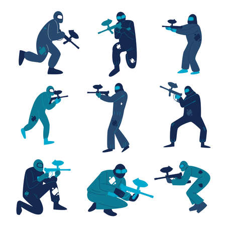 Men in special protective costumes playing paintball vector illustrationのイラスト素材