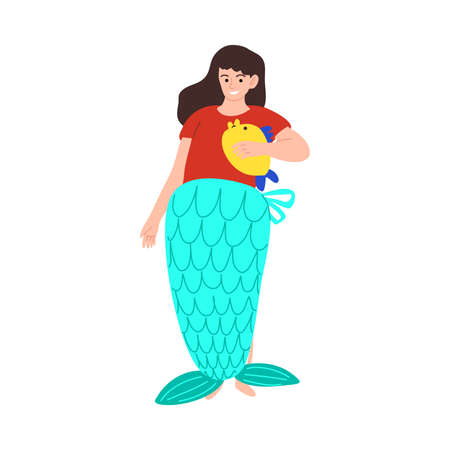 Cute smiling little girl standing in a fancy mermaid costume. Vector illustration in cartoon style.のイラスト素材