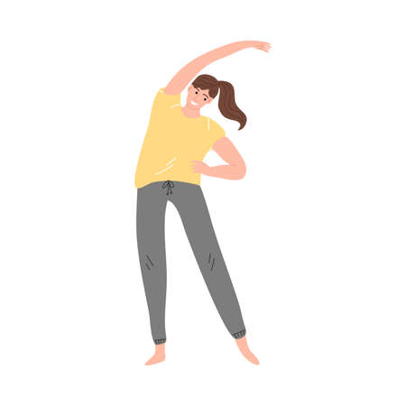 Happy smiling brown-haired girl doing gymnastic yoga exercise. Vector illustration in cartoon style.のイラスト素材