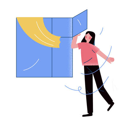 Hand drawn young woman ventilating room and staying at home during quarantine and pandemic of coronavirus over white background vector illustration. Self isolation at home life conceptのイラスト素材