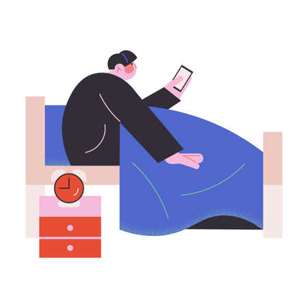 Young man waking up and checking social networks in bed vector illustrationのイラスト素材