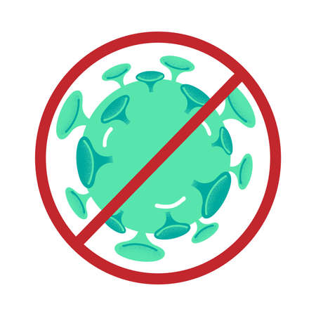 Green coronavirus infection bacterium in red forbidding frame vector illustration, close-upのイラスト素材