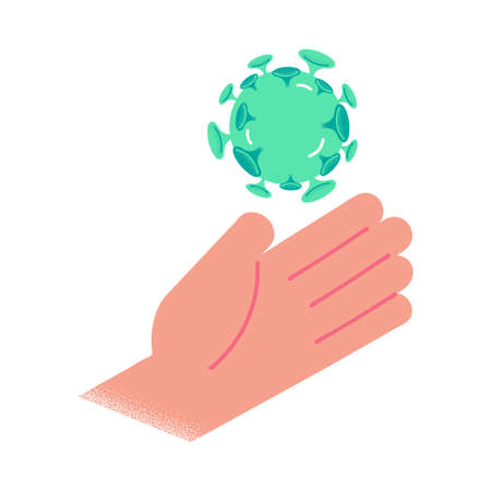 Green coronavirus bacterium near human hand during epidemic vector illustrationのイラスト素材