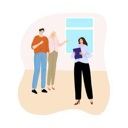 Young couple looking around in apartment for sale with agentのイラスト素材