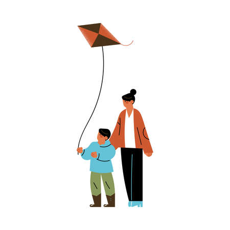 Happy young woman walking with son and flying kite outdoors vector illustrationのイラスト素材