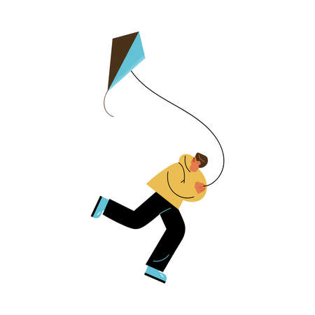 Happy man running and flying kite outdoors in summer vector illustrationのイラスト素材