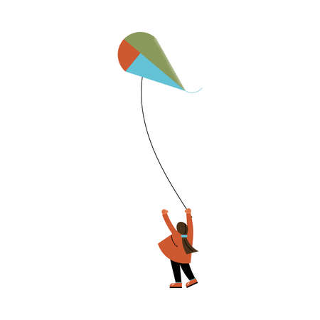 Happy girl standing and flying kite outdoors vector illustrationのイラスト素材