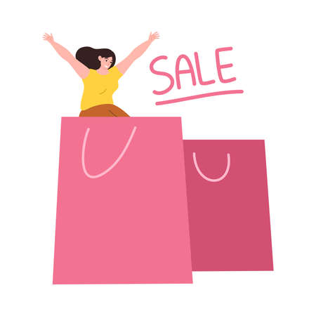 Young woman sitting in big shoping bags with lettering saleのイラスト素材