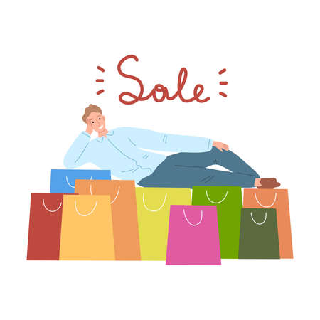 Young man lying near heap of colorful shopping bags with lettering saleのイラスト素材