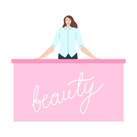 Woman administrator standing in beauty saloon with lettering beauty on tableのイラスト素材