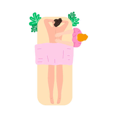 Woman lying on masseurs table for spa procedures in beauty saloon, top viewのイラスト素材