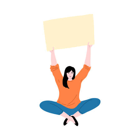 Woman sitting and protesting agaist something with placard in handsのイラスト素材