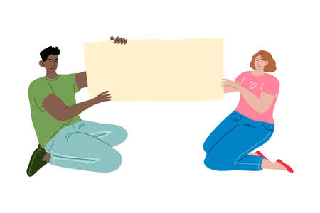 Young multiethnical people sitting and protesting for human rights with placards in handsのイラスト素材