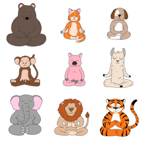 Cute funny animals sitting and meditating in lotus pose vector illustrationのイラスト素材