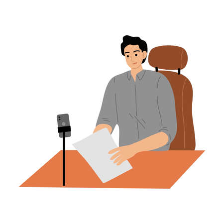 Hand drawn young man blogger sitting in armchair and making video for blog on phone camera over white background vector illustration. Bloggers during work conceptのイラスト素材