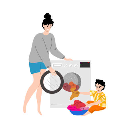 Little son sitting on floor and helping mother to put things in washing machineのイラスト素材