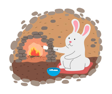 White rabbit grilling marshmallows on fire in his cosy burrowのイラスト素材