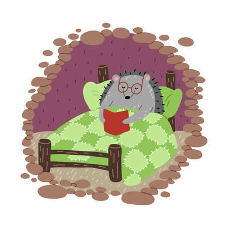 Grey hedgehog in glasses reading book in bed in cosy burrowのイラスト素材